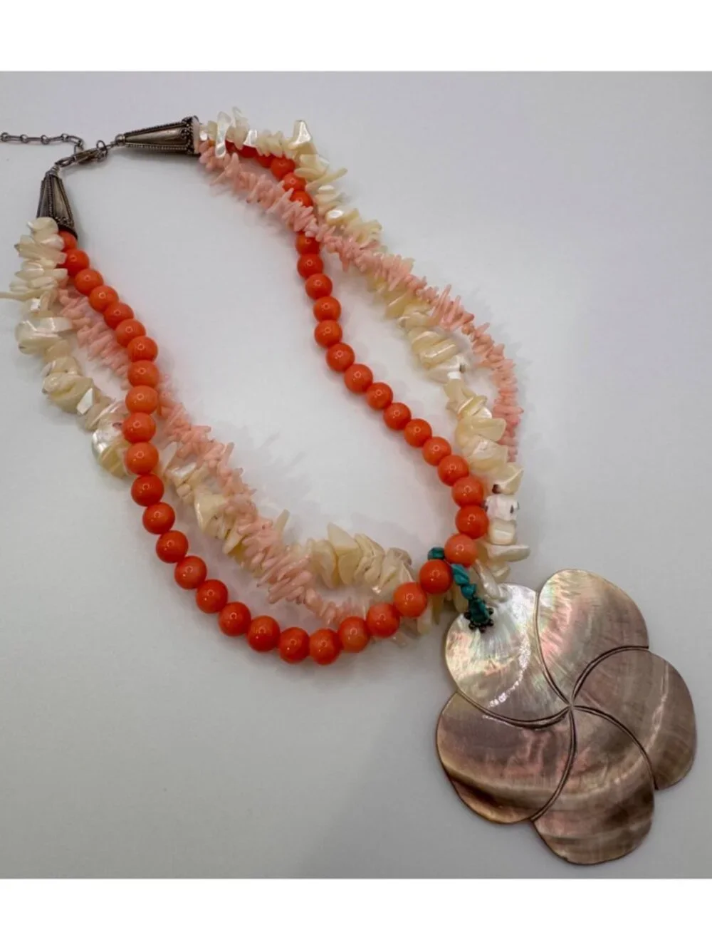Vintage Coral Bead Multi Strand Necklace 925 Sterling MOP Shell Pendant Chunky - Picture 2 of 14